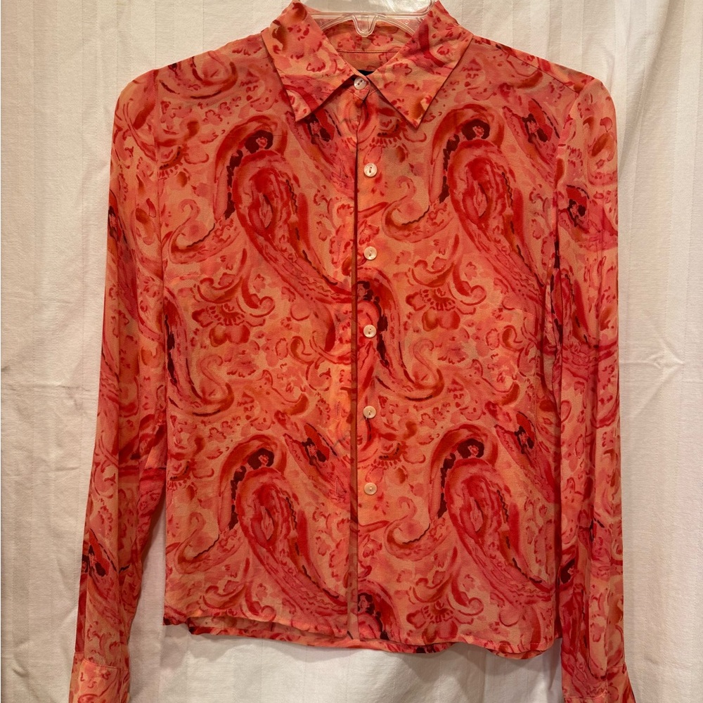 Ann Taylor Red and Pink Notched Collar Button Down Shirt